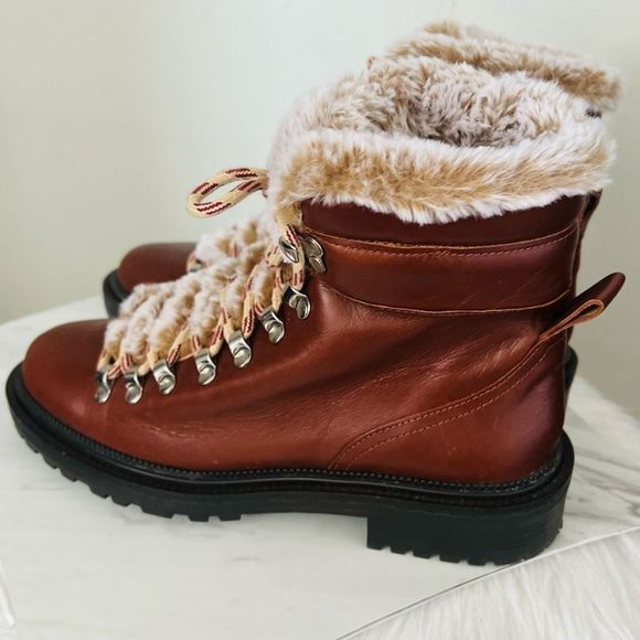 Zara Leather Lace Up Mountain Faux Fur Ankle Boots, Brown, Euro 38 (US 8), NWOT - Picture 9 of 15